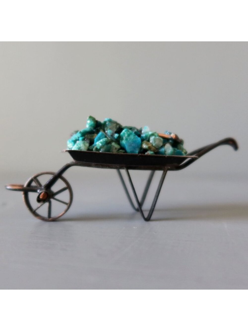 Vintage Chrysocolla Wheelbarrow Mini Fairy Garden Blue Crystals Mining Shovel